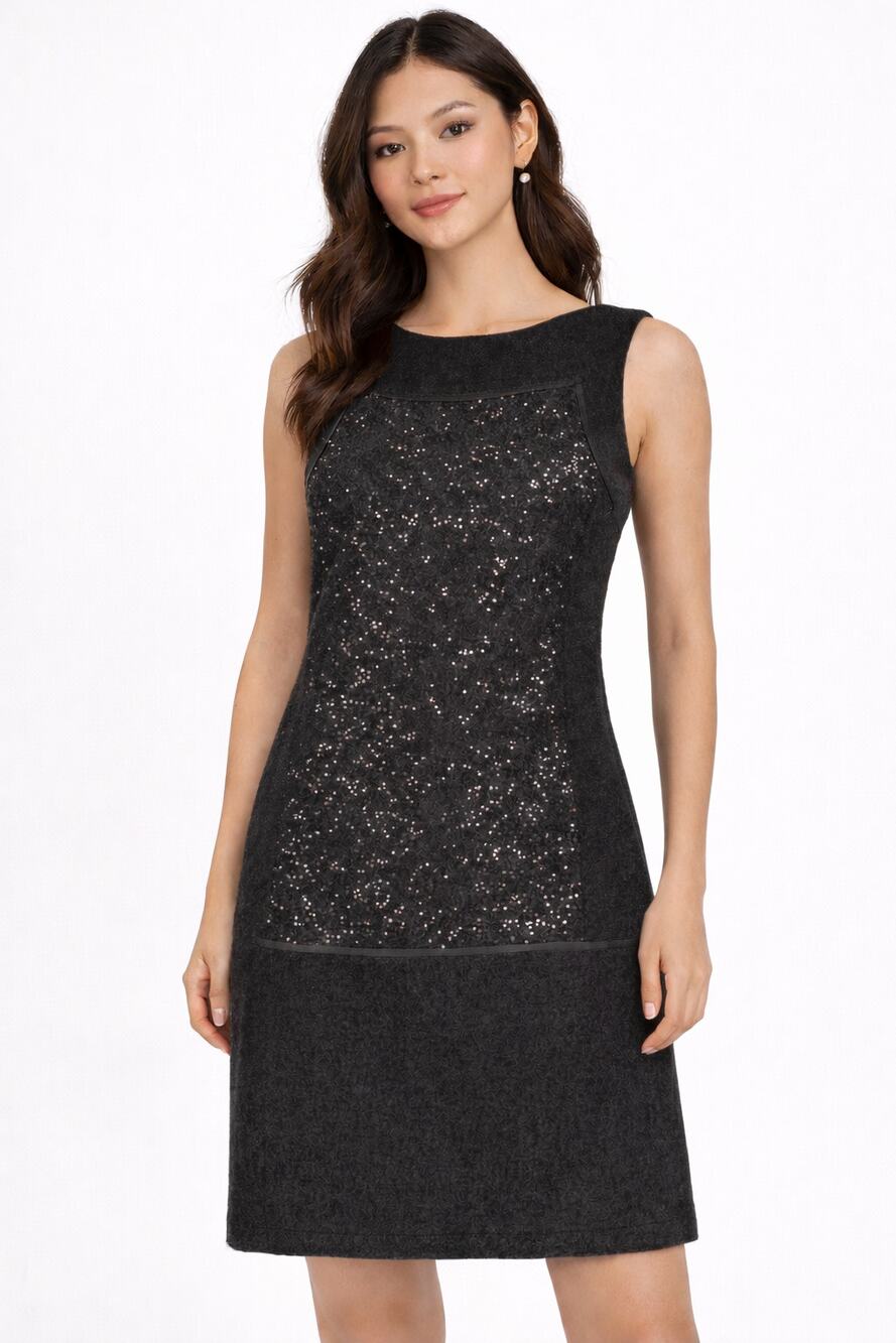 Loft Sequin Shift Dress Womens Size 6 Wool Blend Grey Black Sleeveless
